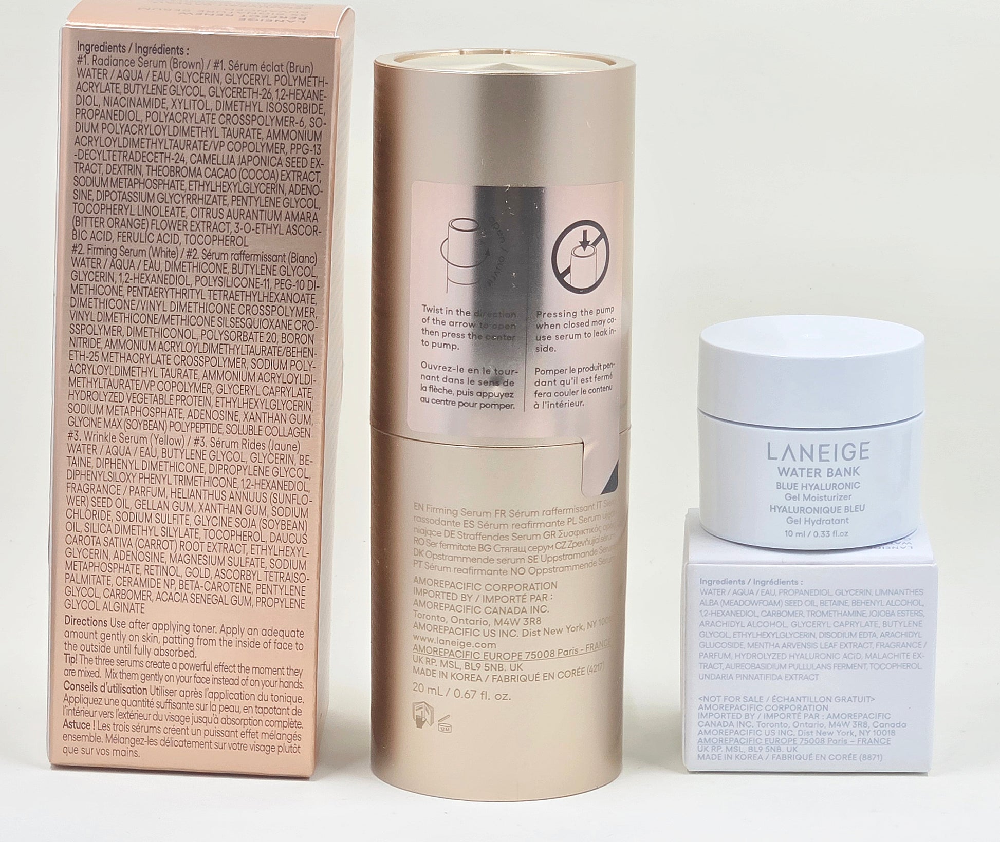 Laneige Perfect Renew 3X Signature Serum and Water Bank gel moisturizer packaging