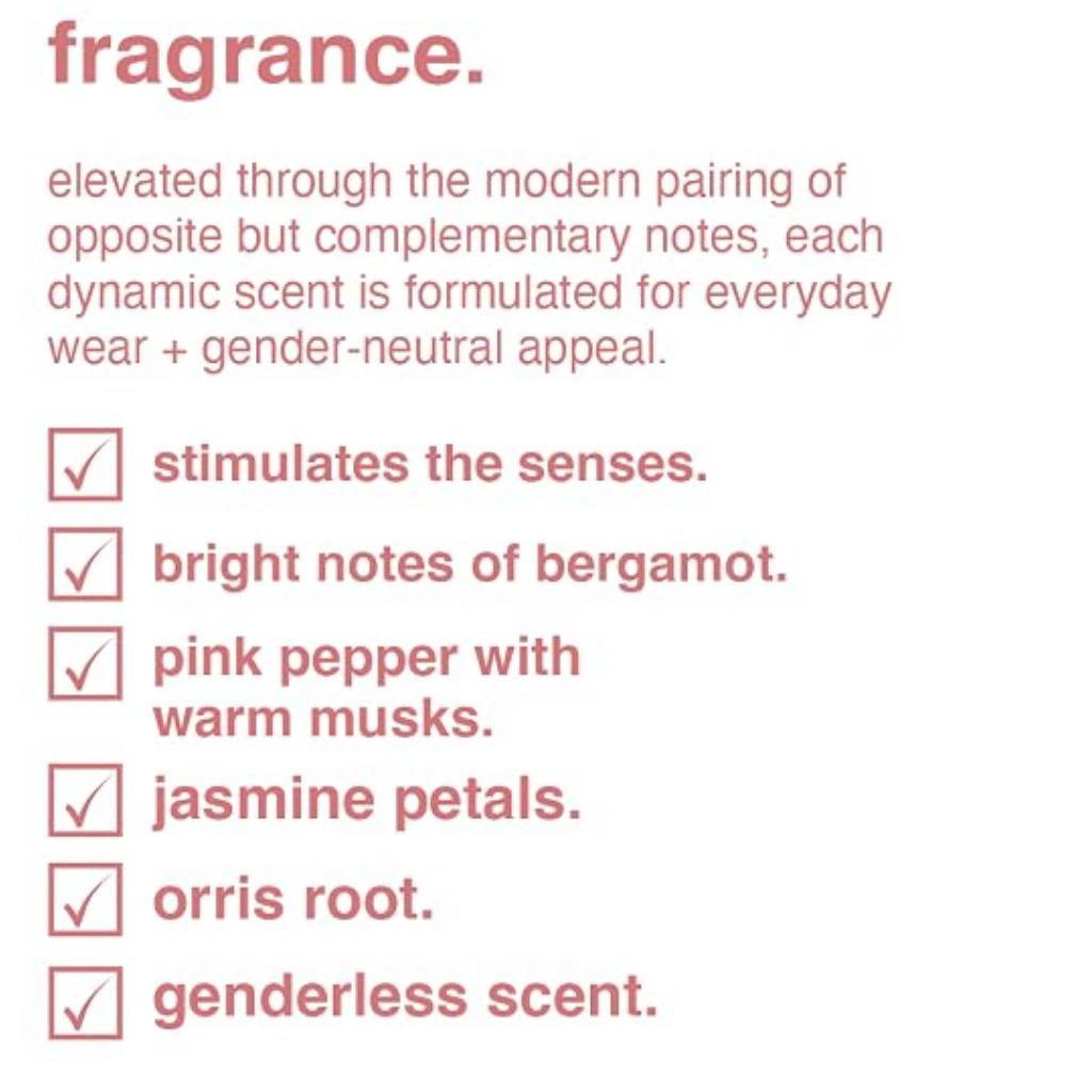 A text-based graphic with the heading 'fragrance.' in dusty pink on a white background, followed by descriptive copy about scent pairing and a checklist of scent notes with checked boxes: bergamot, pink pepper with warm musks, jasmine petals, orris root, and genderless scent.