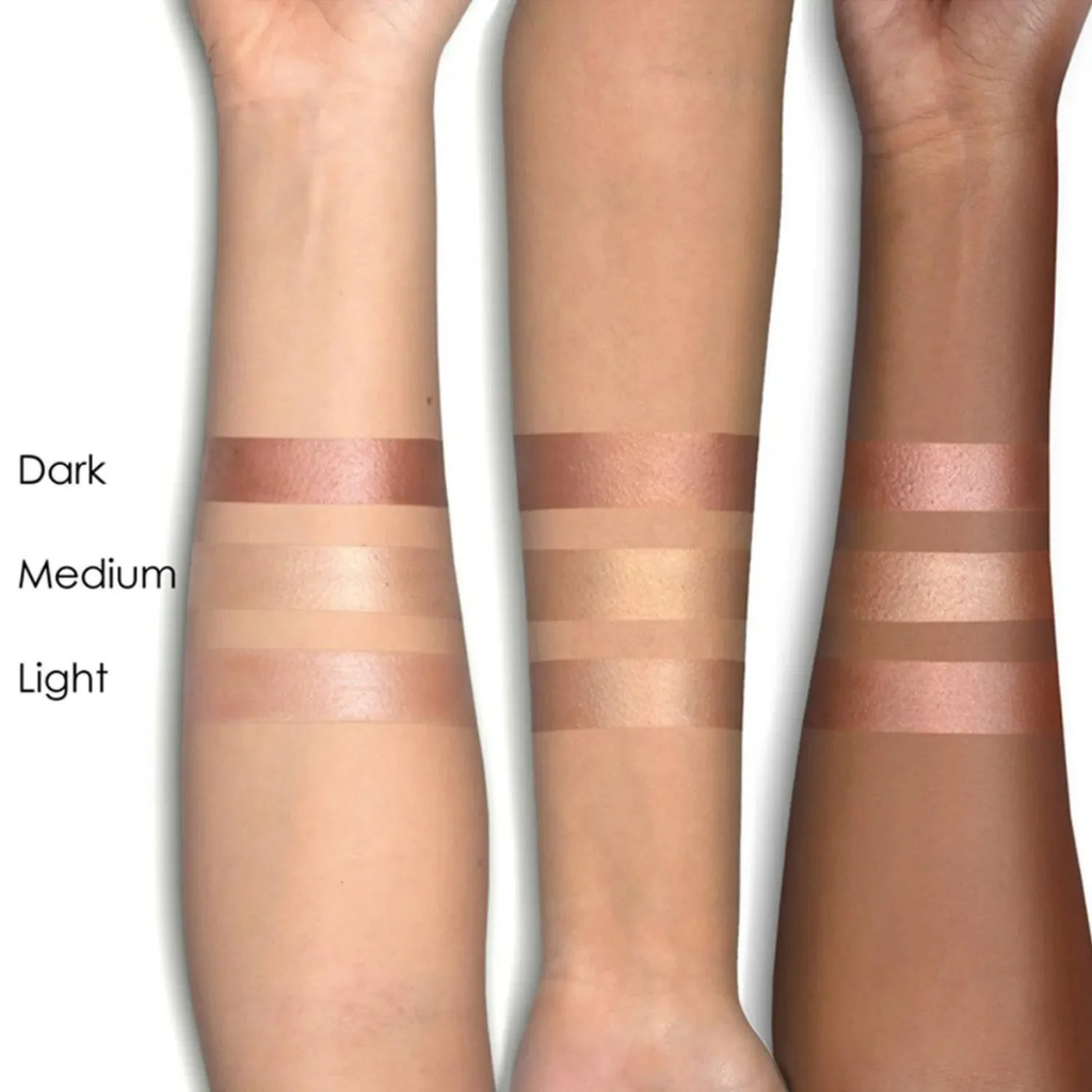 Brand comparison showing Light, Medium and Dark Face Glow shades swatched on three skin tones