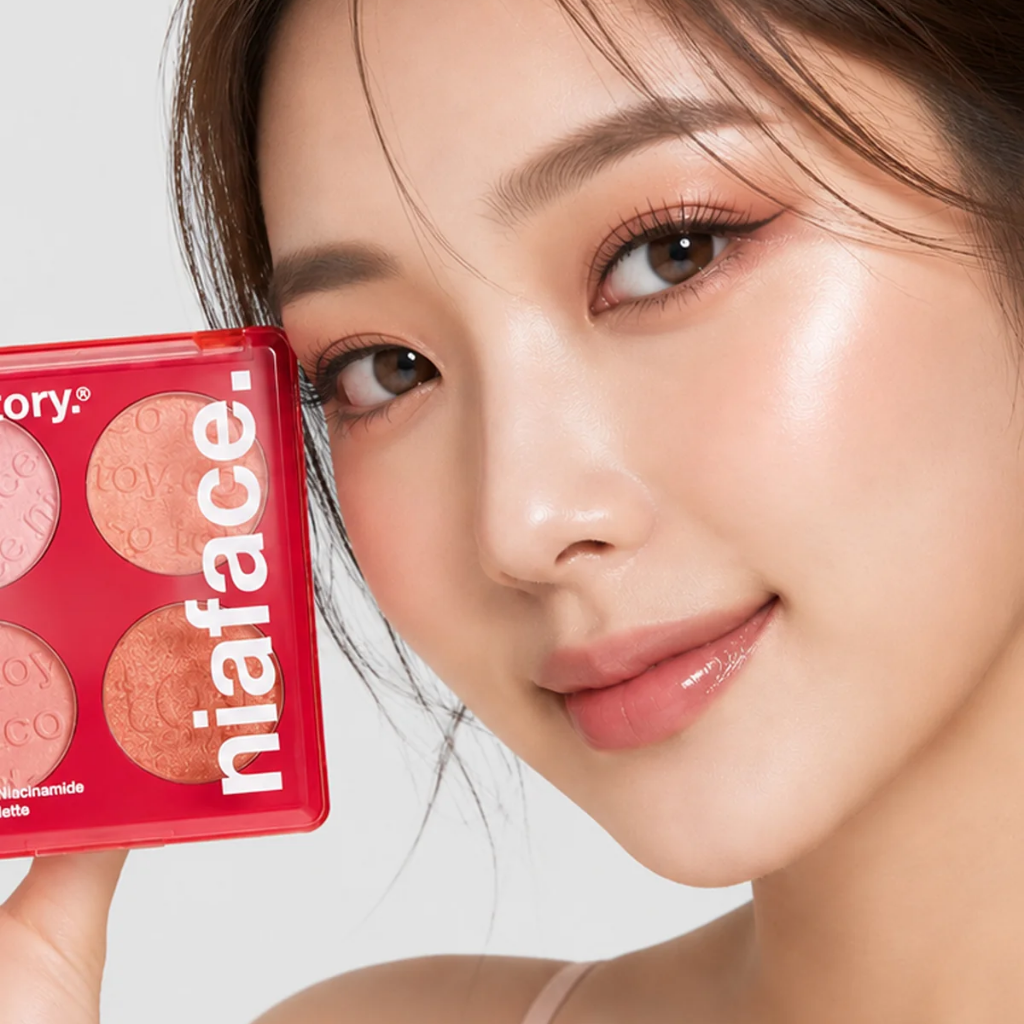 Model wearing highlighter and holding the red Niaface palette