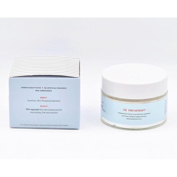 First Aid Beauty Firming Cream 3.5 fl oz jar with white lid next to its light blue and white striped box.