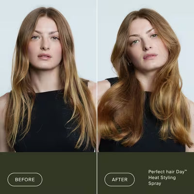 Living Proof PhD Heat Styling Spray before-and-after comparison showing long light-brown hair styled into smooth, full waves