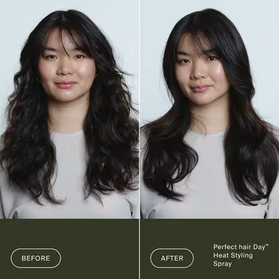 Living Proof PhD Heat Styling Spray before-and-after comparison showing dark wavy hair styled into smooth, defined waves