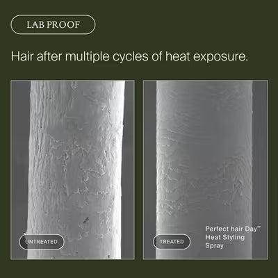 Living Proof lab image comparing untreated and PhD Heat Styling Spray-treated hair fibers after repeated heat exposure