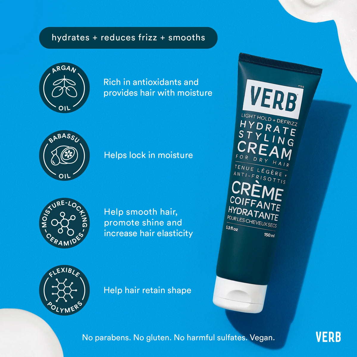 Verb Hydrate Styling Cream ingredient graphic highlighting argan oil, babassu oil, moisture-locking ceramides and flexible polymers.