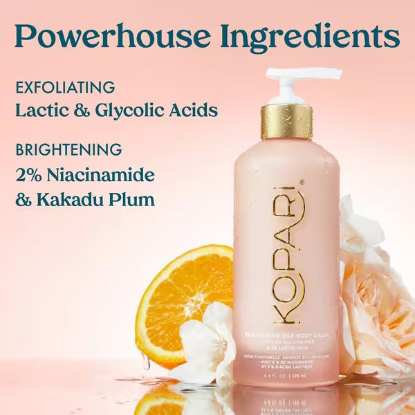Kopari Brightening Silk Body Cream ingredient graphic with AHAs, niacinamide and Kakadu plum