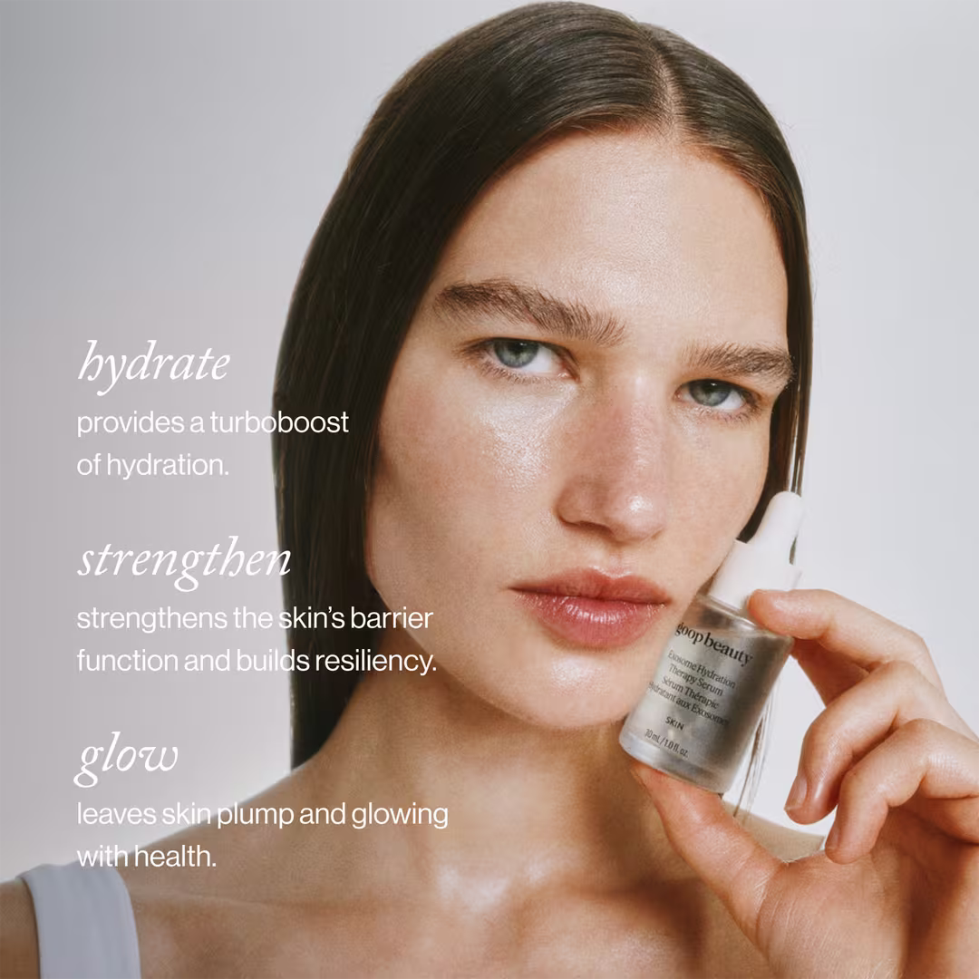 A model holding goop Beauty Exosome Hydration Therapy Serum beside text highlighting hydration, skin-barrier support and glow.