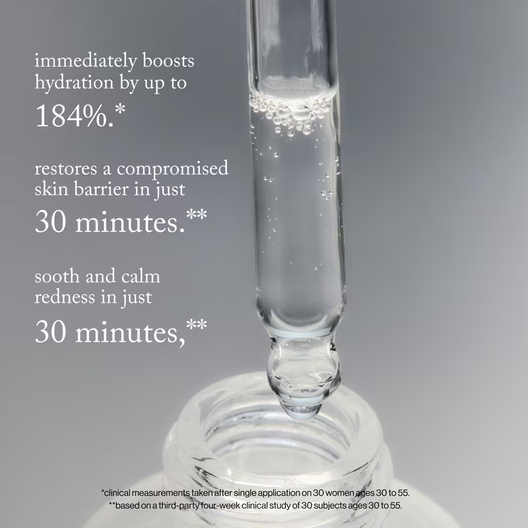 Brand clinical-results graphic claiming up to 184% increased hydration and 30-minute skin-barrier and redness improvements, with study footnotes.