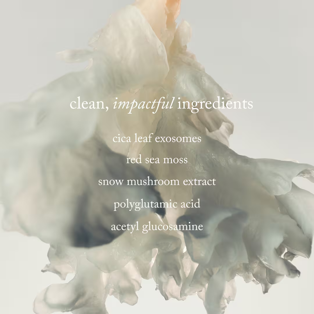 Ingredient graphic listing cica leaf exosomes, red sea moss, snow mushroom extract, polyglutamic acid and acetyl glucosamine over a seaweed background.