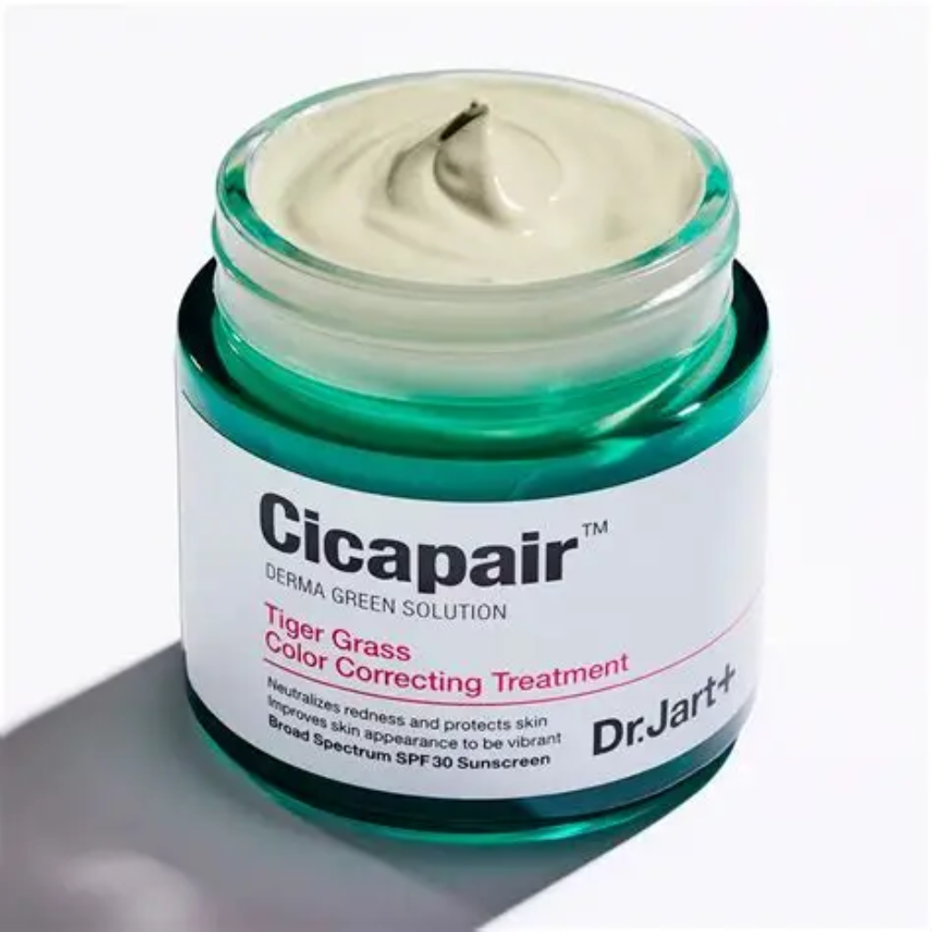 Open jar of Dr. Jart+ Cicapair Tiger Grass Color Correcting Treatment showing the cream texture.