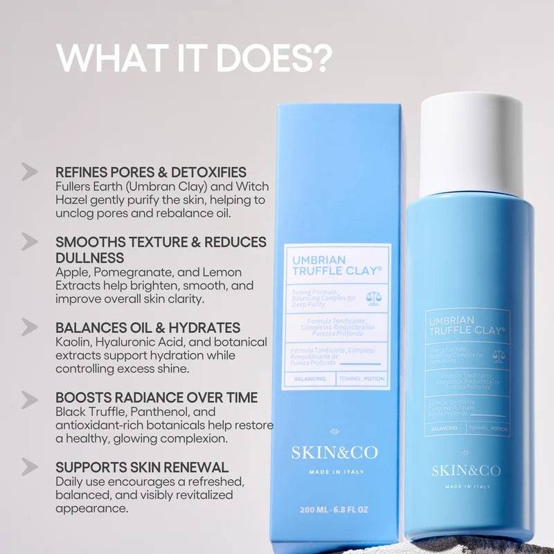 SKIN&CO Umbrian Truffle Clay Toning Potion bottle and box with pore-refining and hydrating benefits