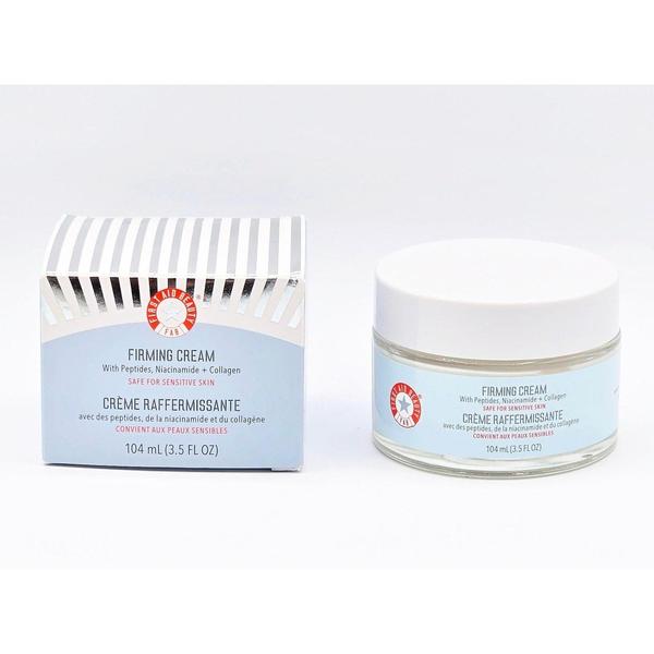 First Aid Beauty Firming Cream 3.5 fl oz jar and striped box with light blue labels.