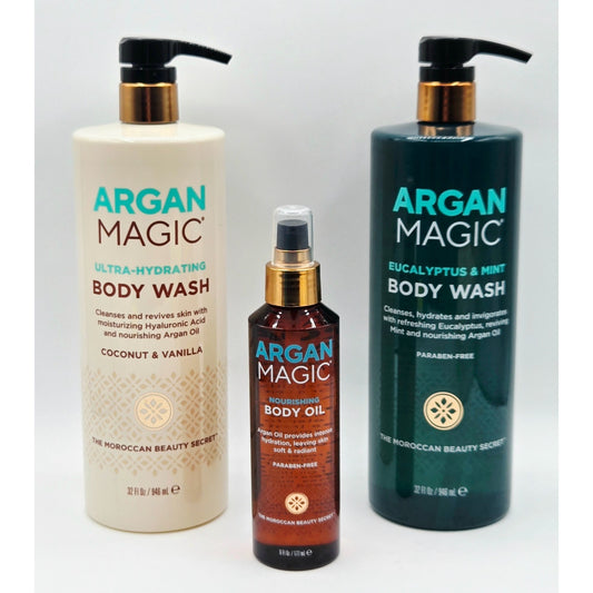 ARGAN MAGIC 3pk- 32 oz- Ultra-Hydrating Coconut & Eucalyptus Mint + 6oz Body Oil