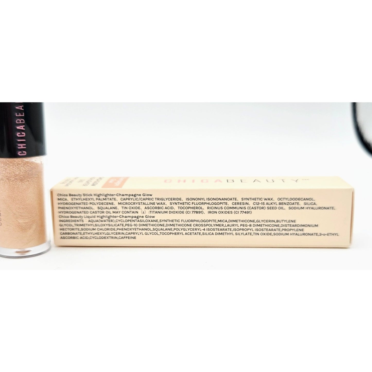 HUDA BEAUTY Glowish Multidew Skin Tint 04 Med & ChicaBeauty Glow Highlighter Duo