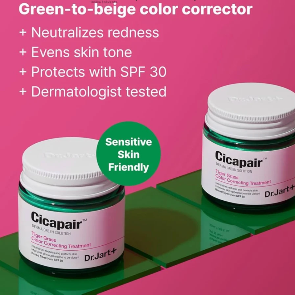 Dr. Jart+ Cicapair Color Correcting Treatment benefits graphic for redness, uneven tone, SPF 30 and sensitive skin.