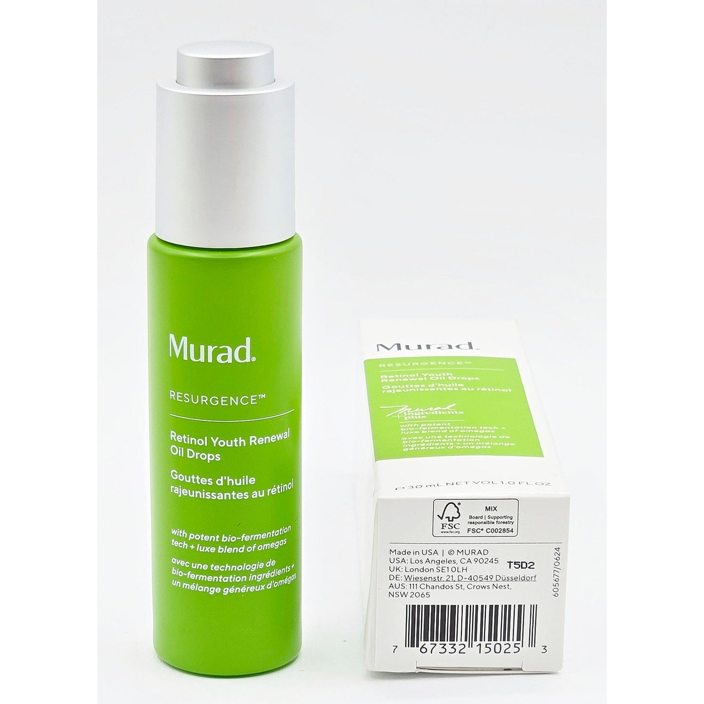 Murad Retinol Youth Renewal Oil Drops bottle and box bottom with UPC and Made in USA label