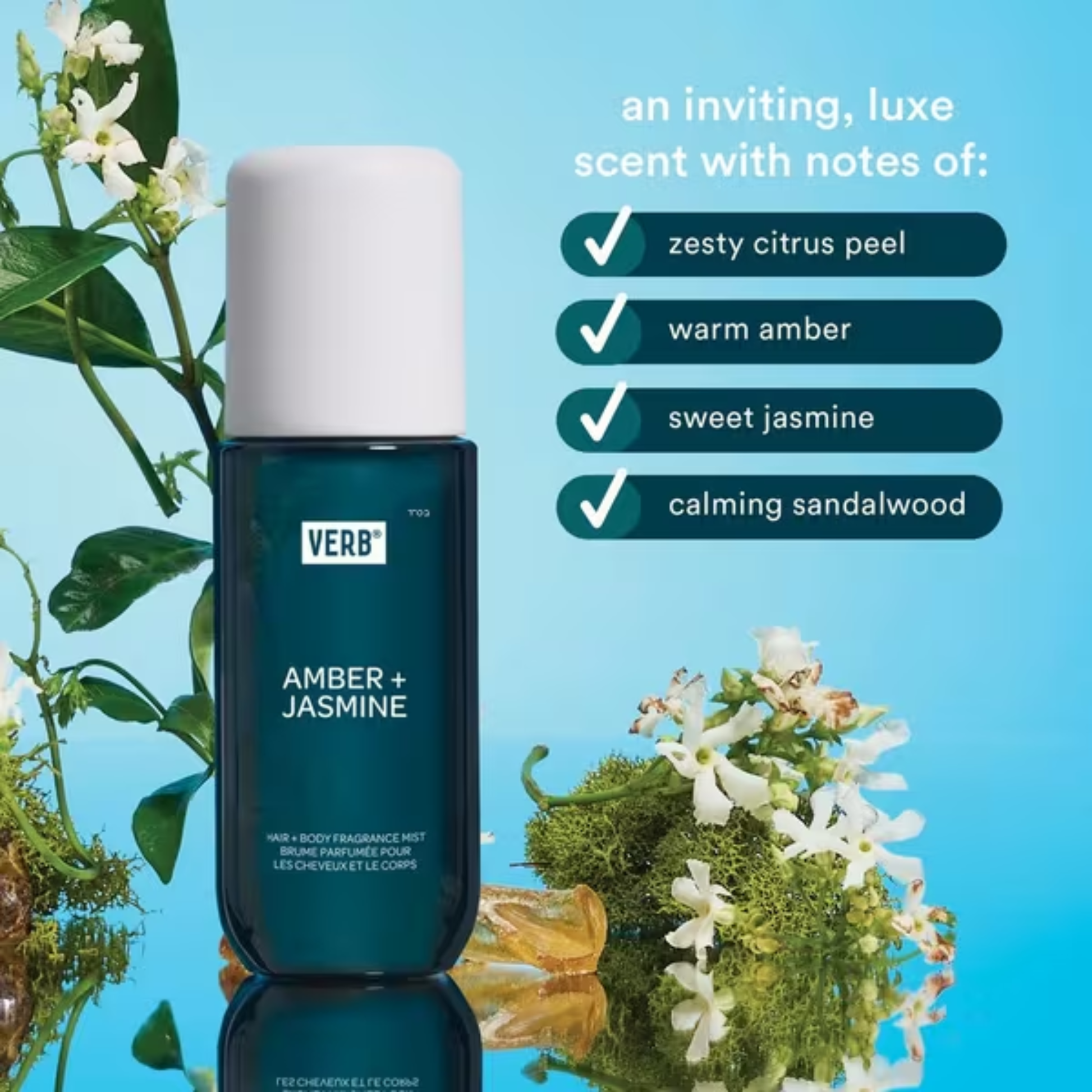 Verb Amber + Jasmine mist with jasmine flowers and notes of citrus peel, amber, jasmine and sandalwood