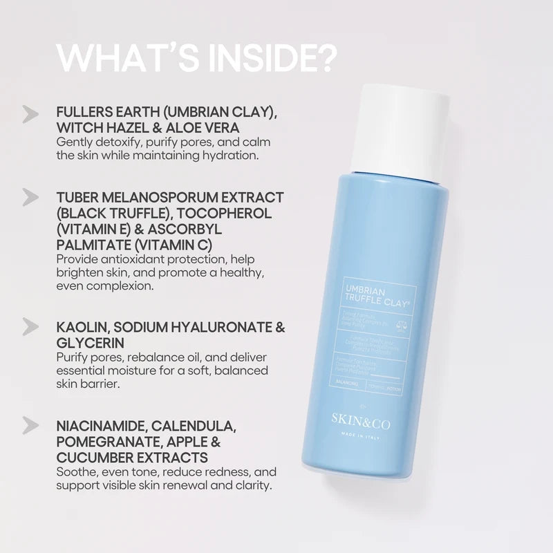 SKIN&CO Umbrian Truffle Clay Toning Potion ingredient highlights including Fuller's earth, black truffle, hyaluronic acid, and botanical extracts