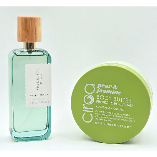 Ellen Tracy Sparkling Pear EDP 3.4 oz & Ciroa Pear Protecting Body Butter 15.8oz