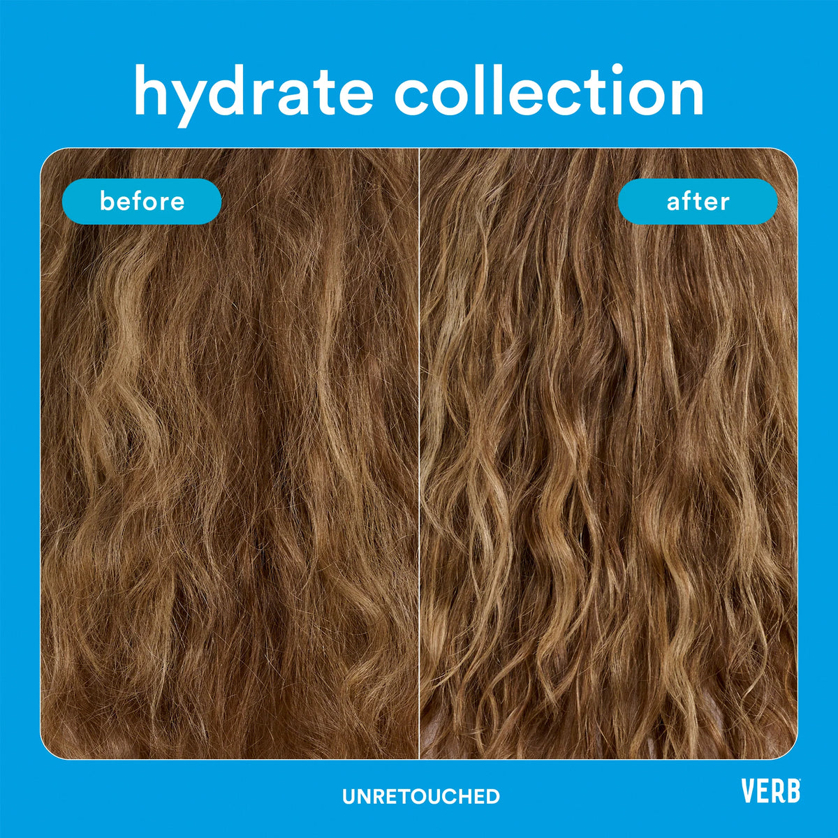 Verb Hydrate collection before-and-after comparison of light brown wavy hair, showing smoother, more defined waves; labeled unretouched.