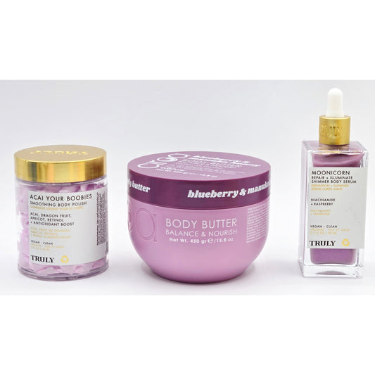 TRULY Beauty Acai Body Polish, Moonnicorn Serum + Ciroa Blueberry Body Butter
