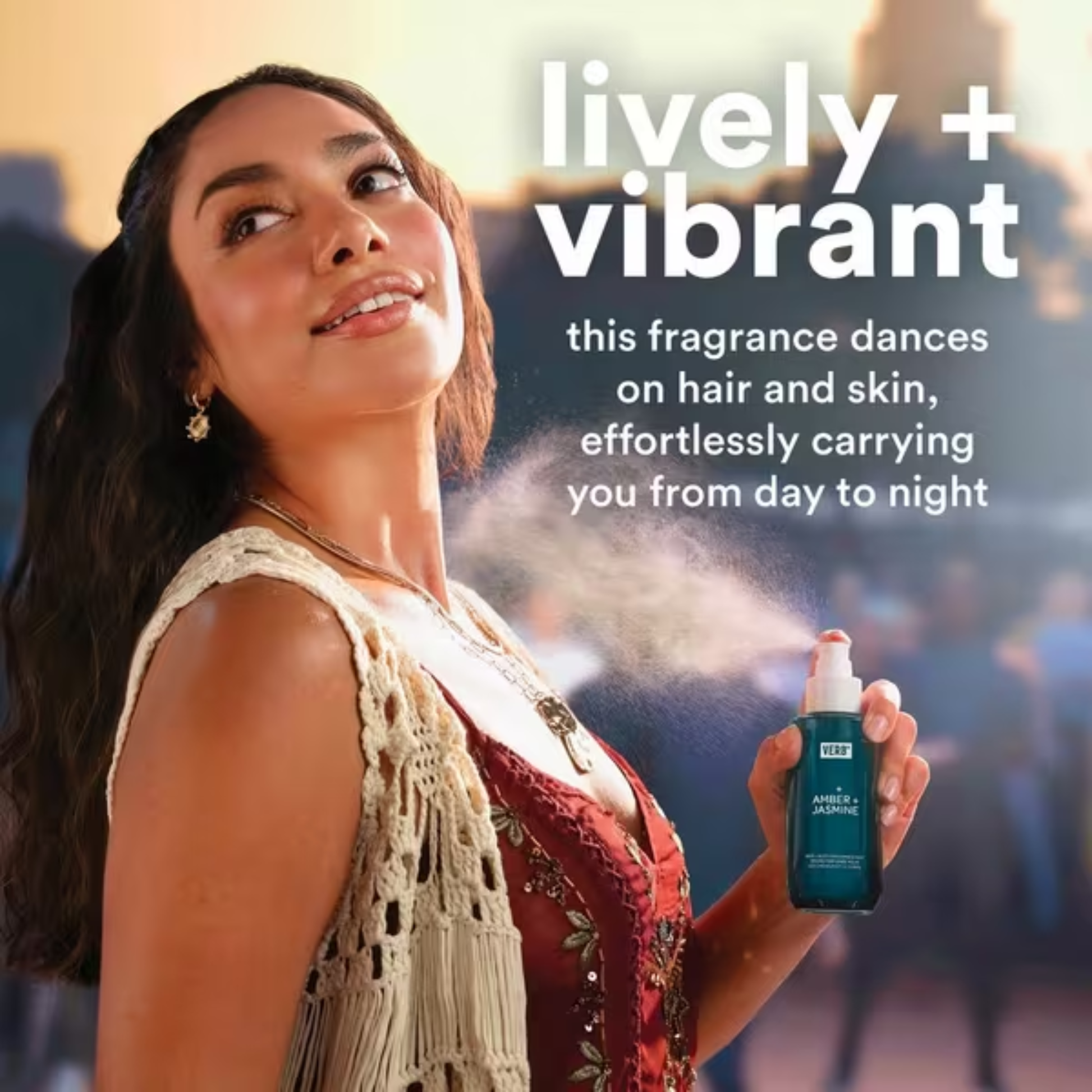 Person spraying Verb Amber + Jasmine Hair & Body Fragrance Mist on hair and skin for day-to-night wear