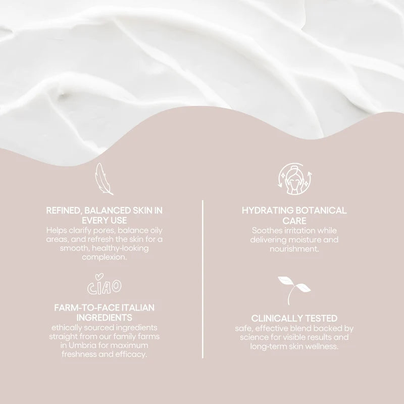 SKIN&CO Umbrian Truffle Clay Toning Potion benefit graphic for balanced, hydrated skin