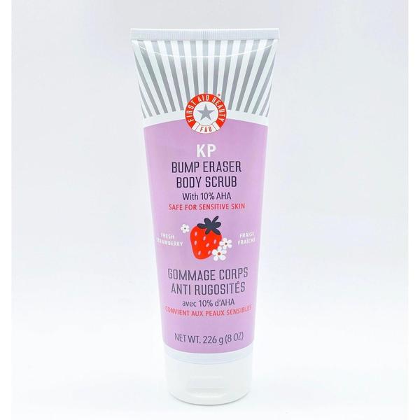 First Aid Beauty KP Bump Eraser Strawberry Body Scrub, 8 oz, in a light purple tube with a strawberry graphic.