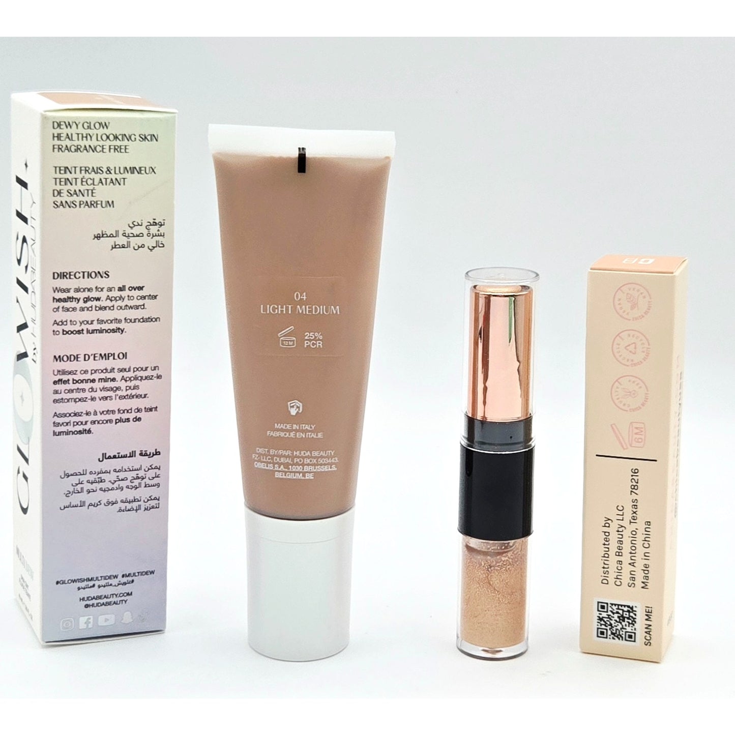 HUDA BEAUTY Glowish Multidew Skin Tint 04 Med & ChicaBeauty Glow Highlighter Duo