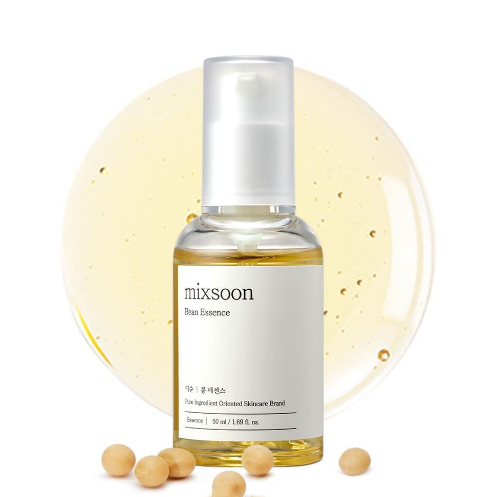 Skincare bottle labeled 'mixsoon' with soybeans on a light background