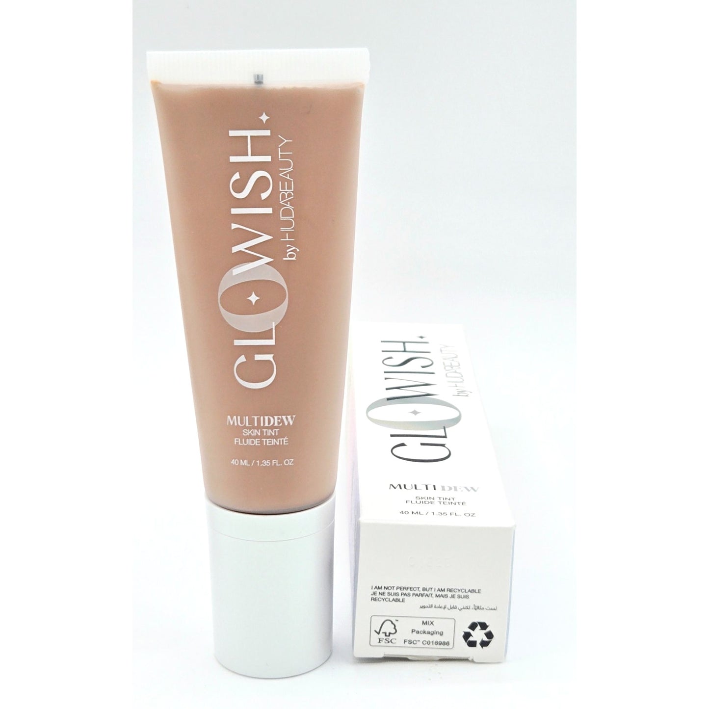 HUDA BEAUTY Glowish Multidew Skin Tint 04 Med & ChicaBeauty Glow Highlighter Duo