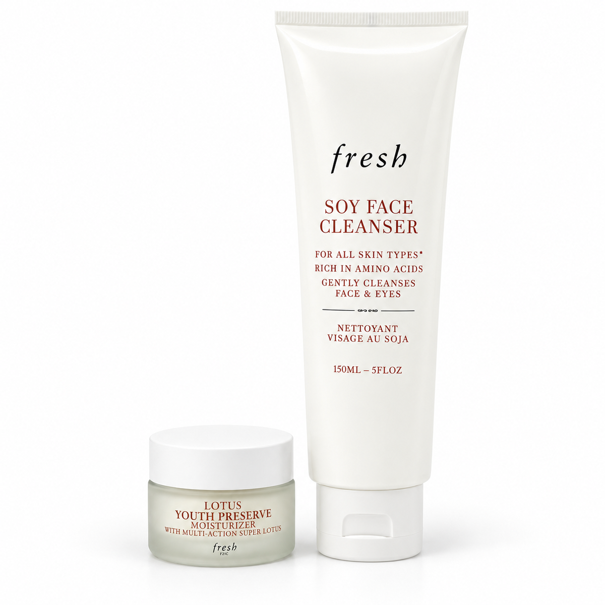 Fresh Soy Face Cleanser 150 mL tube and Lotus Youth Preserve Moisturizer 15 mL jar together on a white background; IJUSTMIGHT-curated duo.