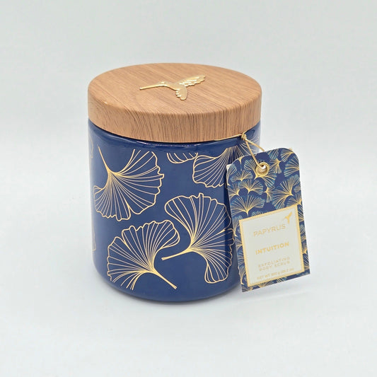Papyrus Intuition exfoliating body scrub, 800 g navy-and-gold decorative jar
