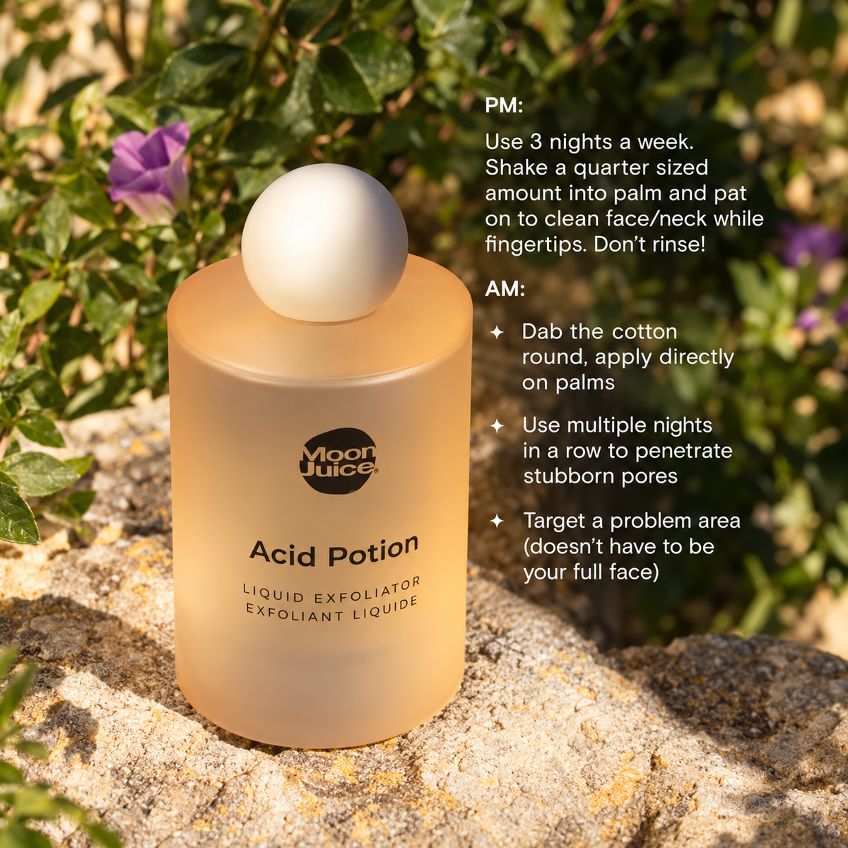 Acid Potion component usage graphic with evening directions to use three nights a week