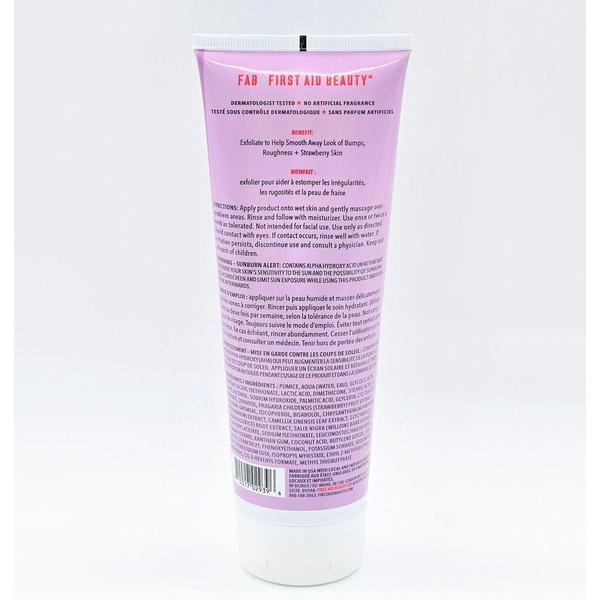 First Aid Beauty KP Bump Eraser Strawberry Body Scrub 8 oz, a pink tube with white cap, showing product details.