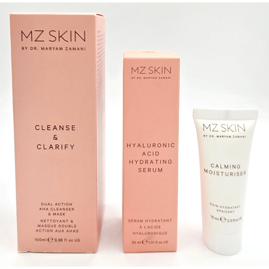 MZ Skin Set~ Hyaluronic Acid Serum, Cleanse & Clarify AHA Mask, Calming Moisture