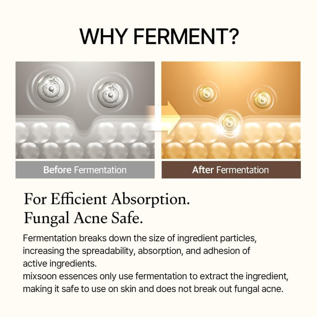 Comparison of ingredient particles before and after fermentation with text explaining the benefits.