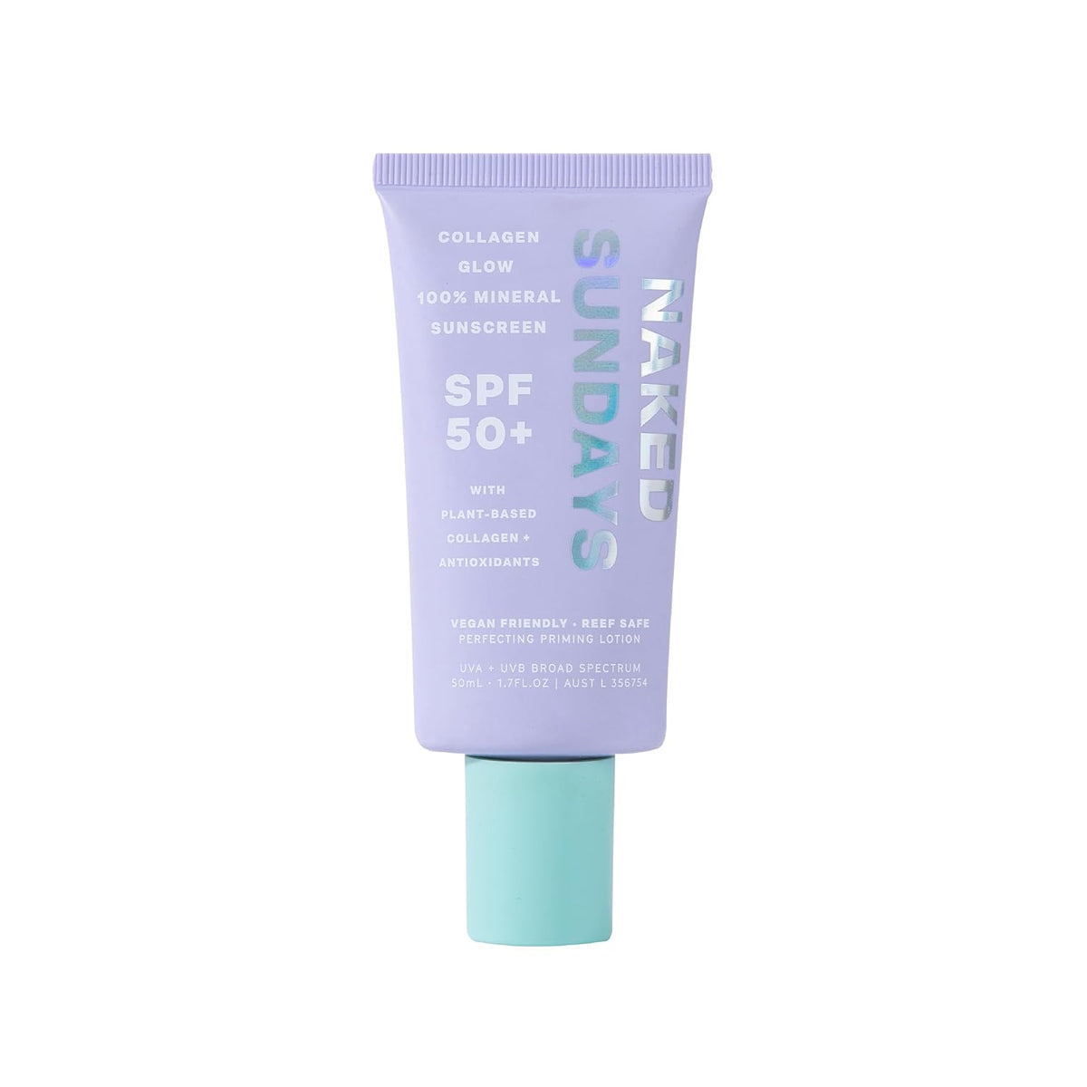 Naked Sundays Collagen Glow mineral sunscreen in a purple 50 mL tube