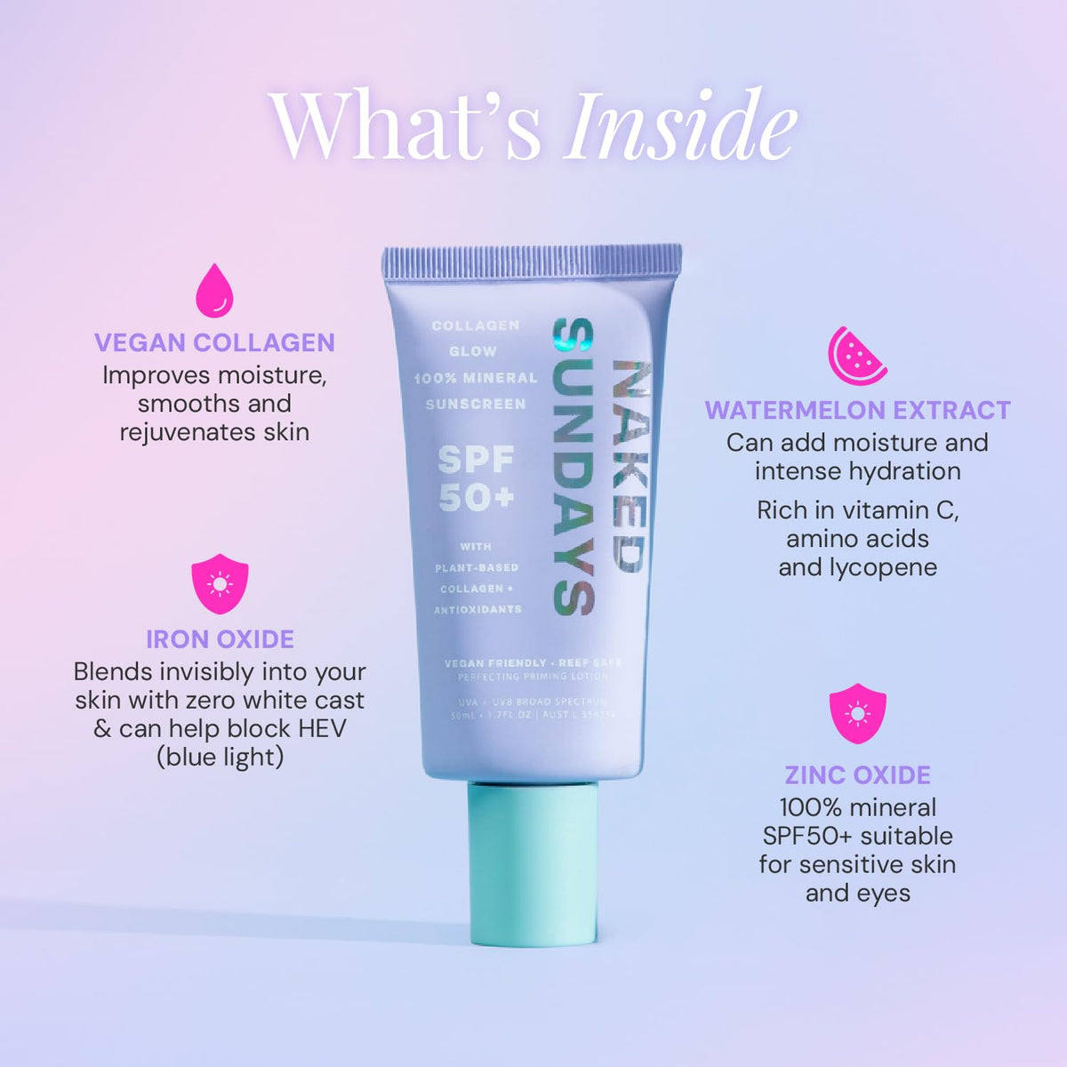 Brand ingredient graphic for Collagen Glow with zinc oxide and plant-derived ingredients