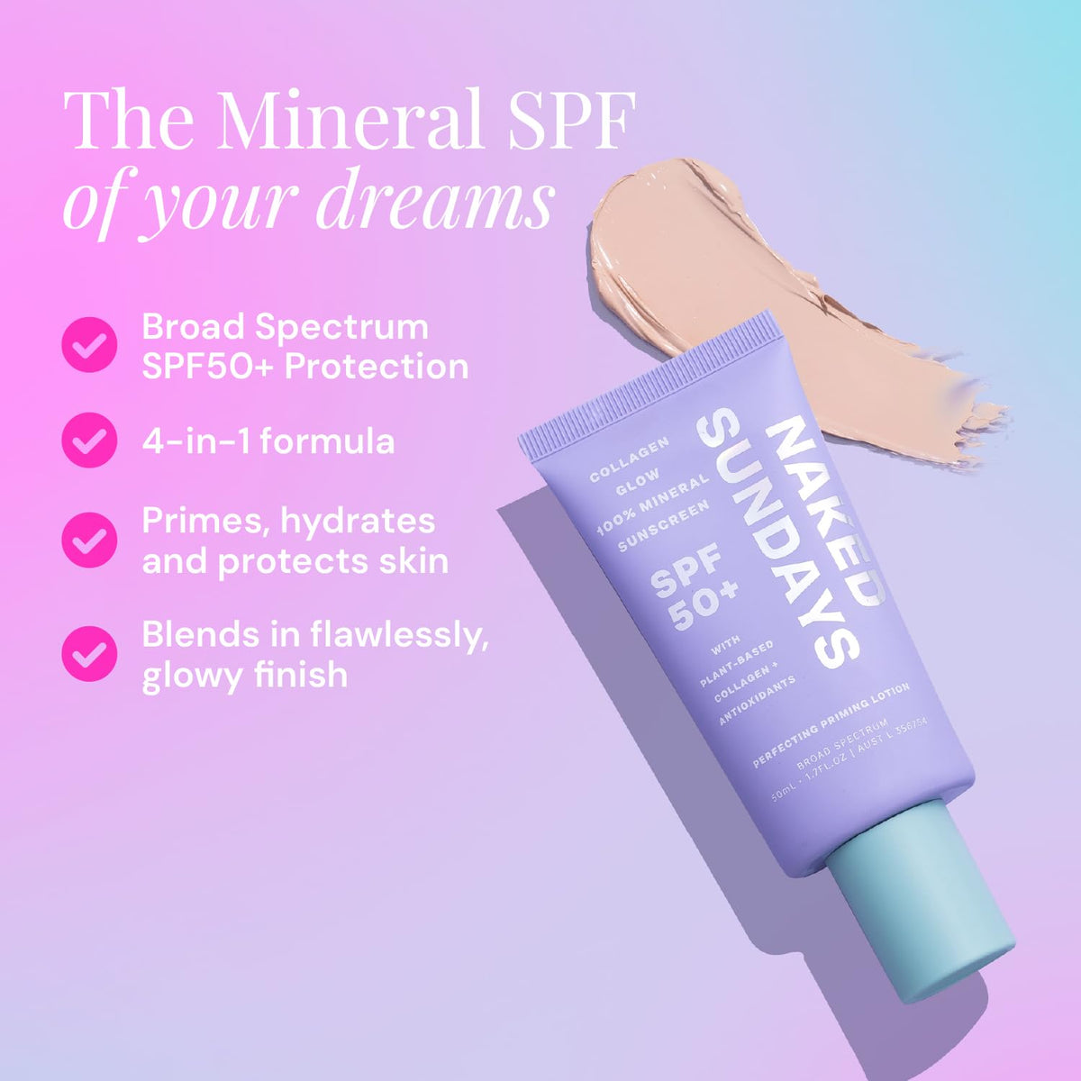 Brand graphic describing SPF50+ protection and primer benefits of Collagen Glow