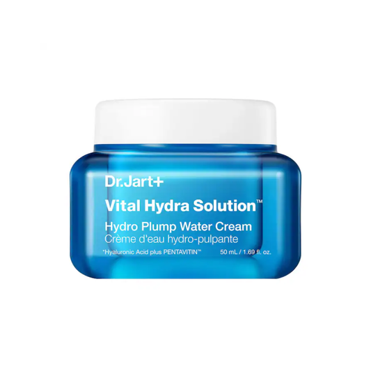 Dr. Jart+ Vital Hydra Solution Hydro Plump Water Cream 50 mL blue jar on a white background.