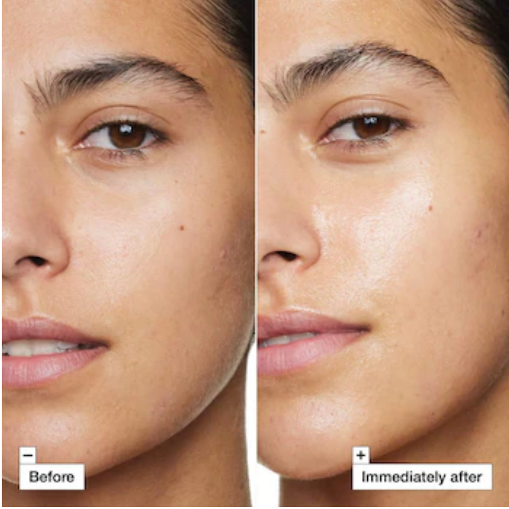 Before-and-immediately-after facial views illustrating hydrated glow from Dr. Jart+ Hydro Plump Water Cream.