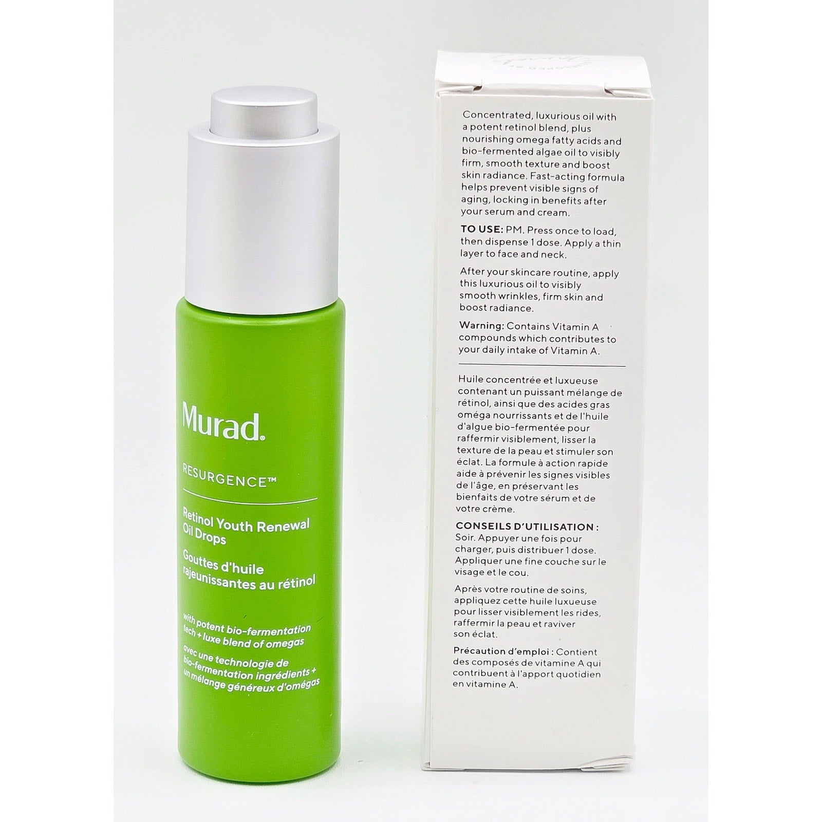 Murad Retinol Youth Renewal Oil Drops bottle with directions and vitamin A warning panel