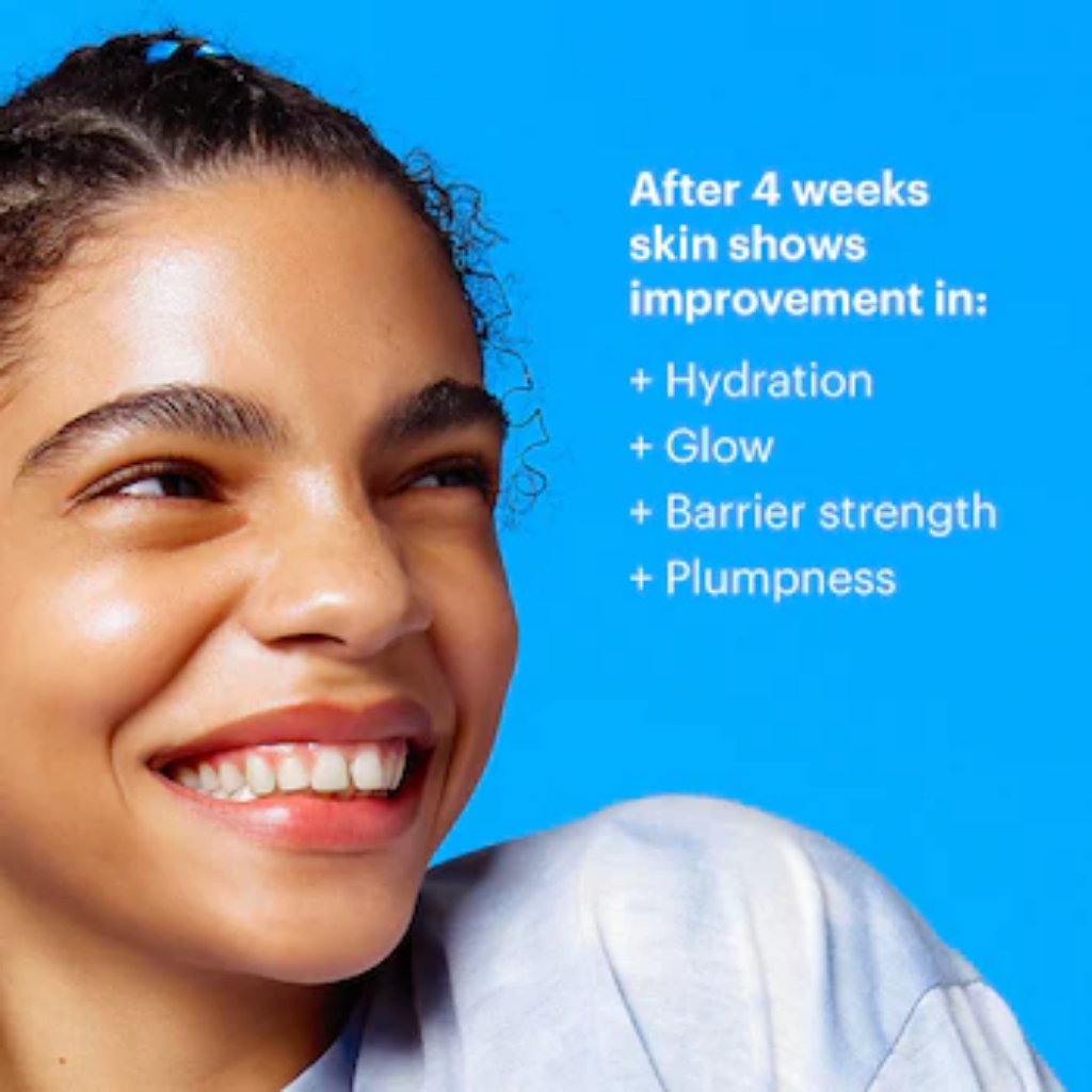 Model with Dr. Jart+ Hydro Plump Water Cream four-week results graphic for hydration, glow, barrier strength and plumpness.