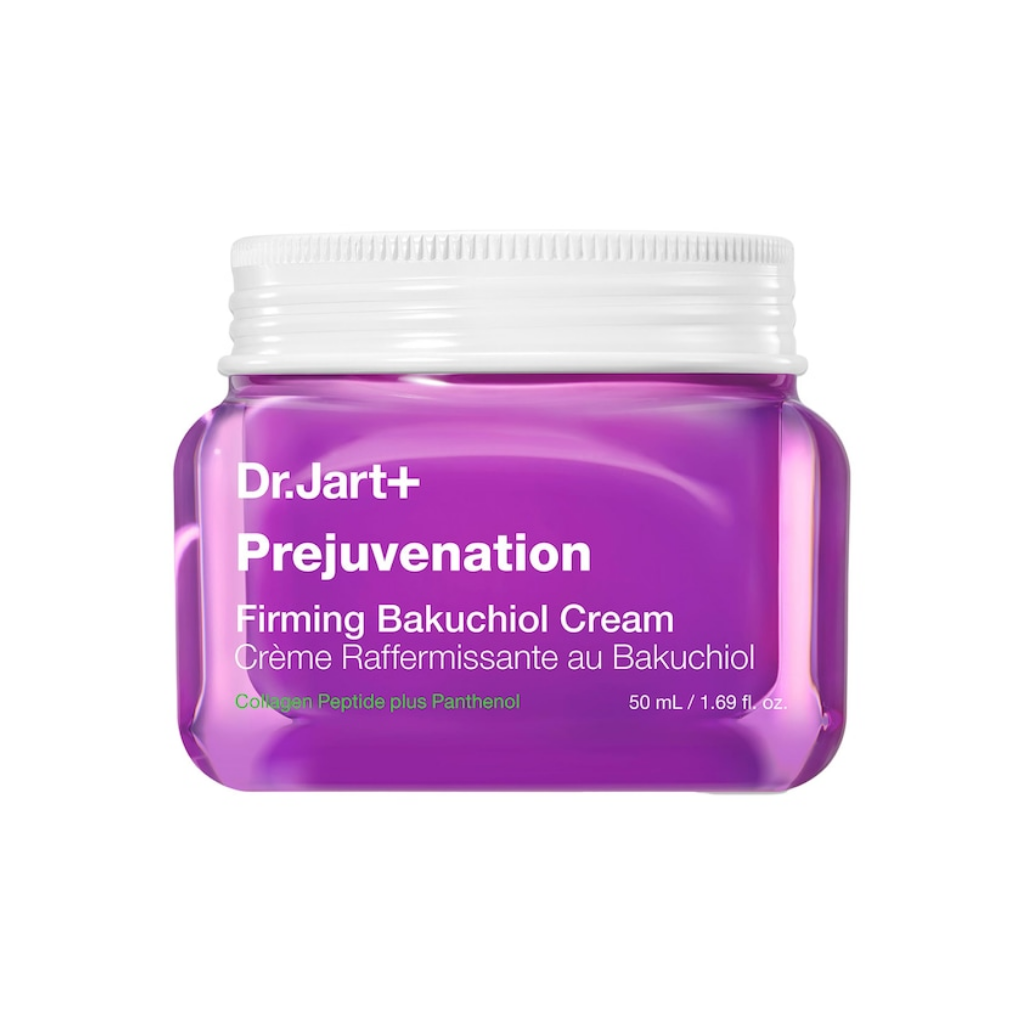 Dr. Jart+ Prejuvenation Firming Bakuchiol Cream 50 mL purple jar on a white background.
