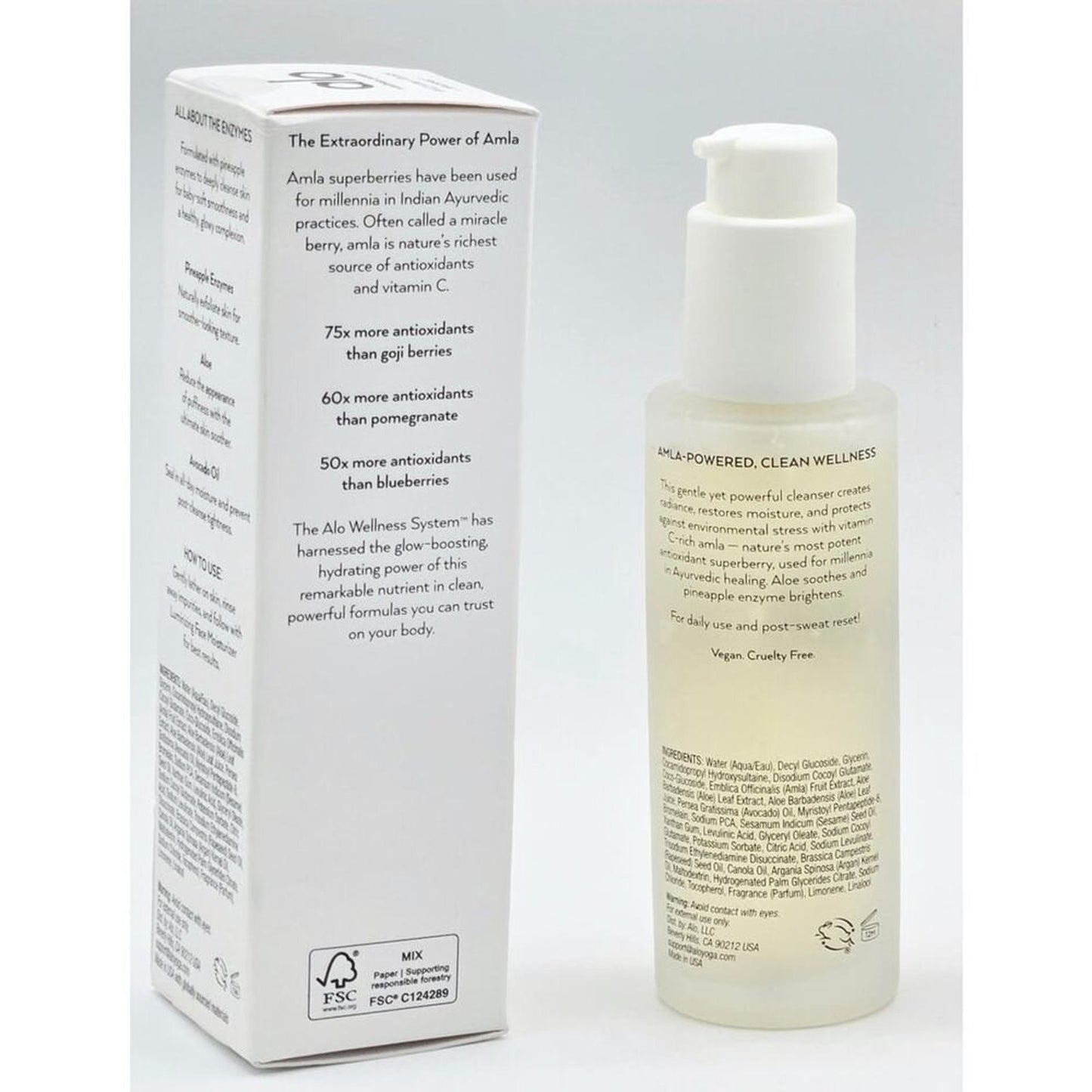 Alo Glow System Enzyme Facial Cleanser bottle back beside Amla information on the box