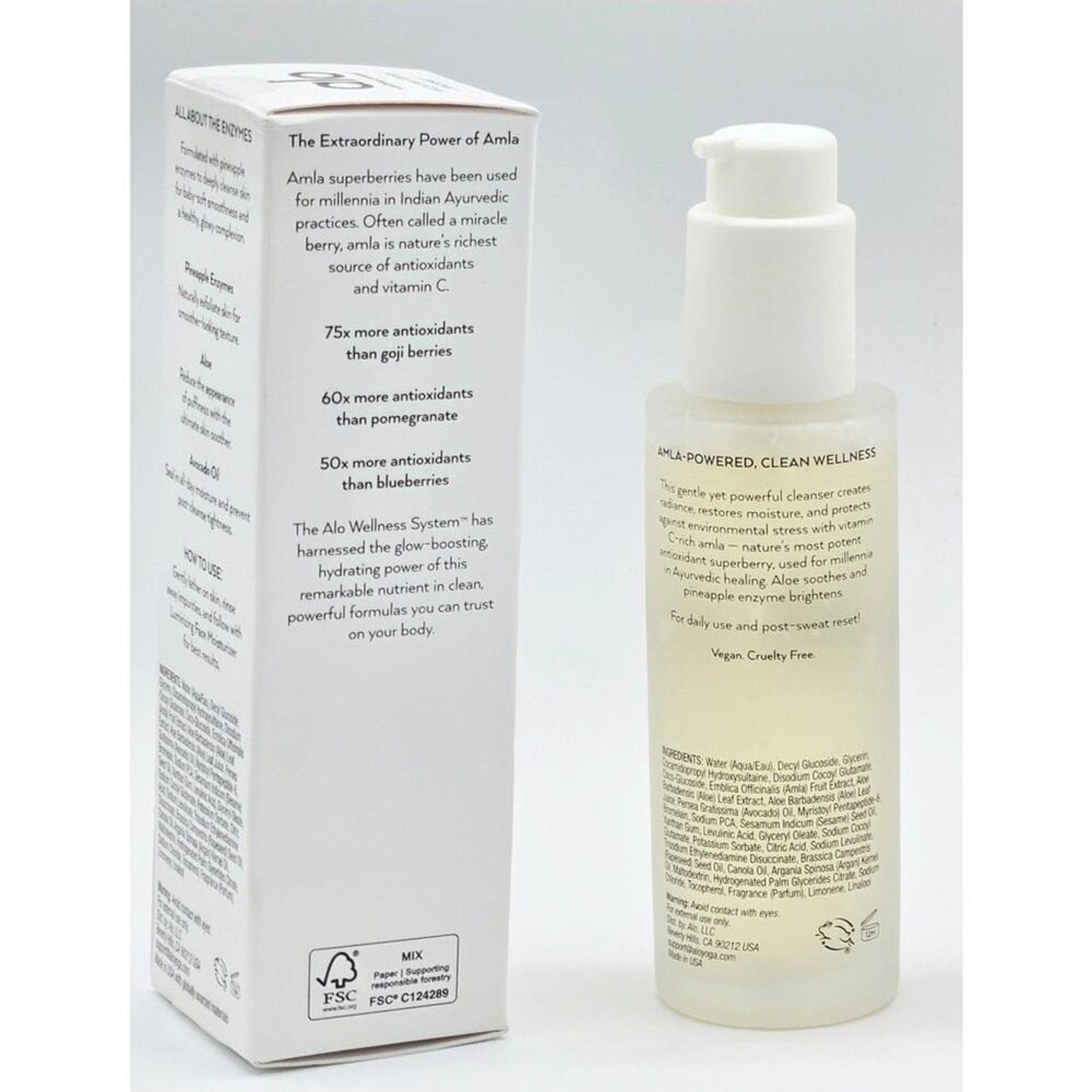 Alo Glow System Enzyme Facial Cleanser bottle back beside Amla information on the box