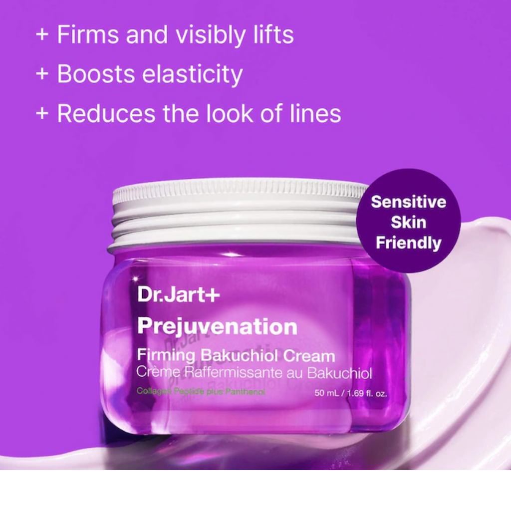 Dr. Jart+ Prejuvenation Firming Bakuchiol Cream benefits graphic for firmness, elasticity and visible lines.