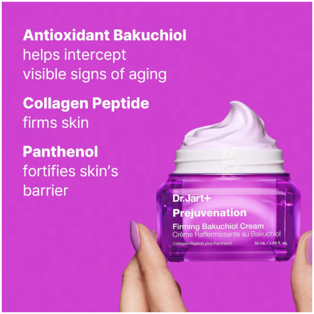 Dr. Jart+ Prejuvenation Cream ingredient graphic highlighting bakuchiol, collagen peptide and panthenol.