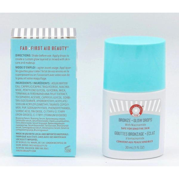 First Aid Beauty Bronze + Glow Drops with Niacinamide, 1 fl oz bottle and light blue box.